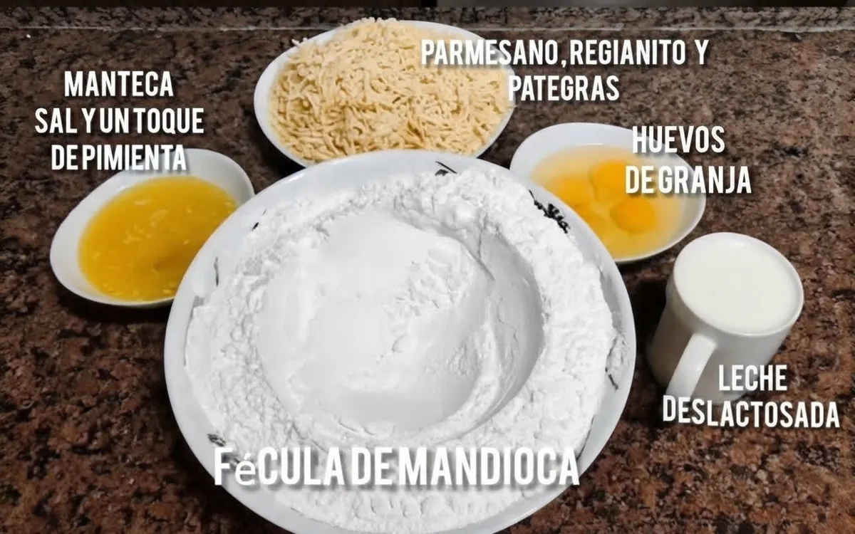Los ingredientes del chipá: fécula de mandioca, parmesano, reggianito y pategrás, huevos de granja, leche deslactosada, manteca, sal y un toque de pimienta